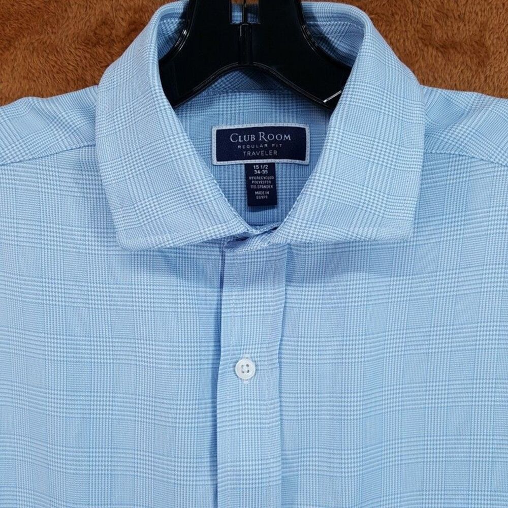 CLUB ROOM Dress Shirt Mens 15.5 34 35 Blue Check Performance Stretch Traveler